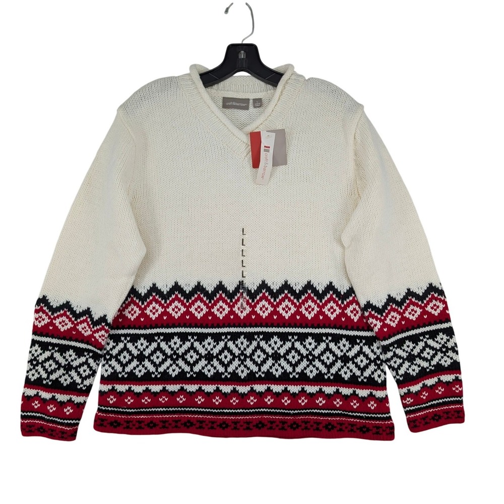 Croft & Barrow‎ Fair Isle Sweater Large Cream Red Black V-Neck Knit Pullover NWT
